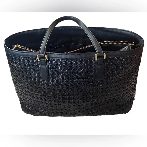 Tory Burch Black Woven Gold Hardware Tote - Picture 3 of 14